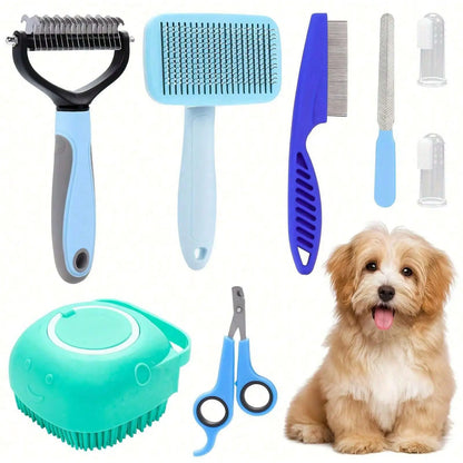 Ultimate 8-Piece Dog Grooming Kit - Self-Cleaning Tools, Nail Clippers, Flea Comb & More!