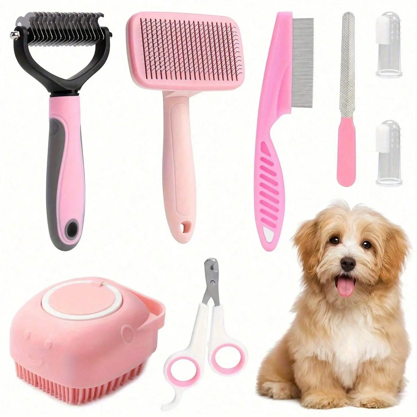 Ultimate 8-Piece Dog Grooming Kit - Self-Cleaning Tools, Nail Clippers, Flea Comb & More!
